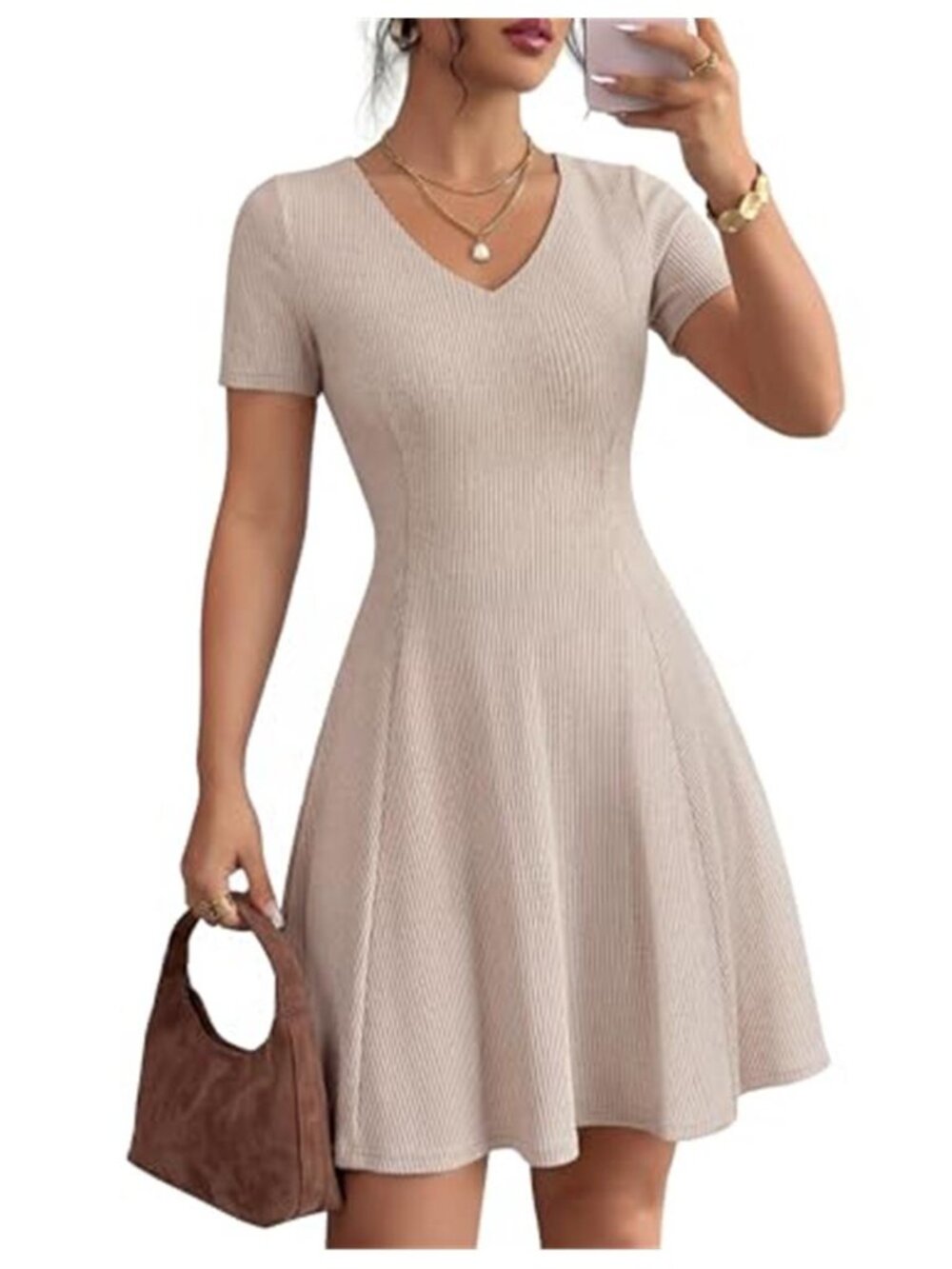 Women's Ribbed Sweater Mini Dress Business Casual A-Line Summer Dress Short